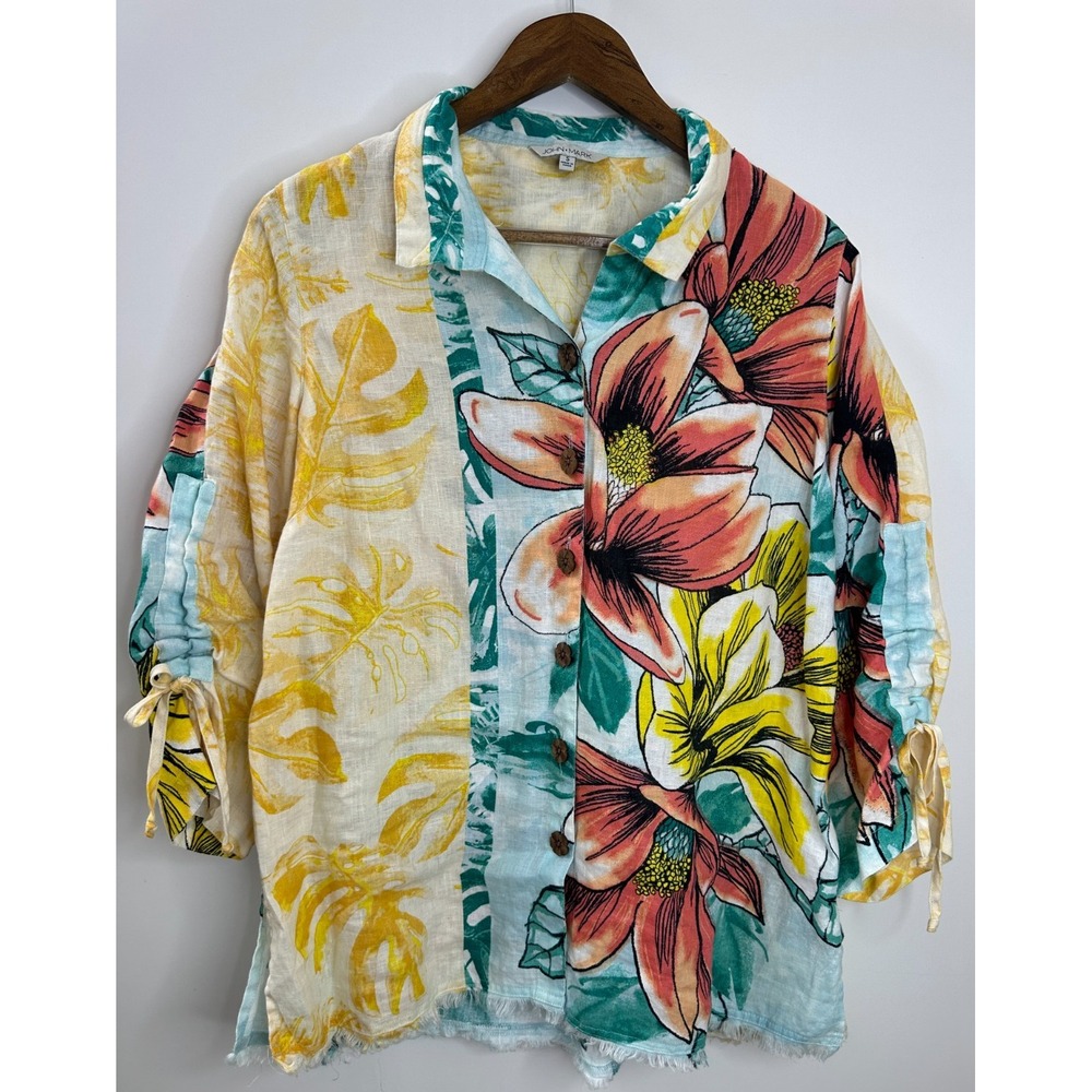 John Mark Artsy Boho Wire Collar Raw Hem 100% Linen Tunic Top Floral Size Small - Picture 5 of 12
